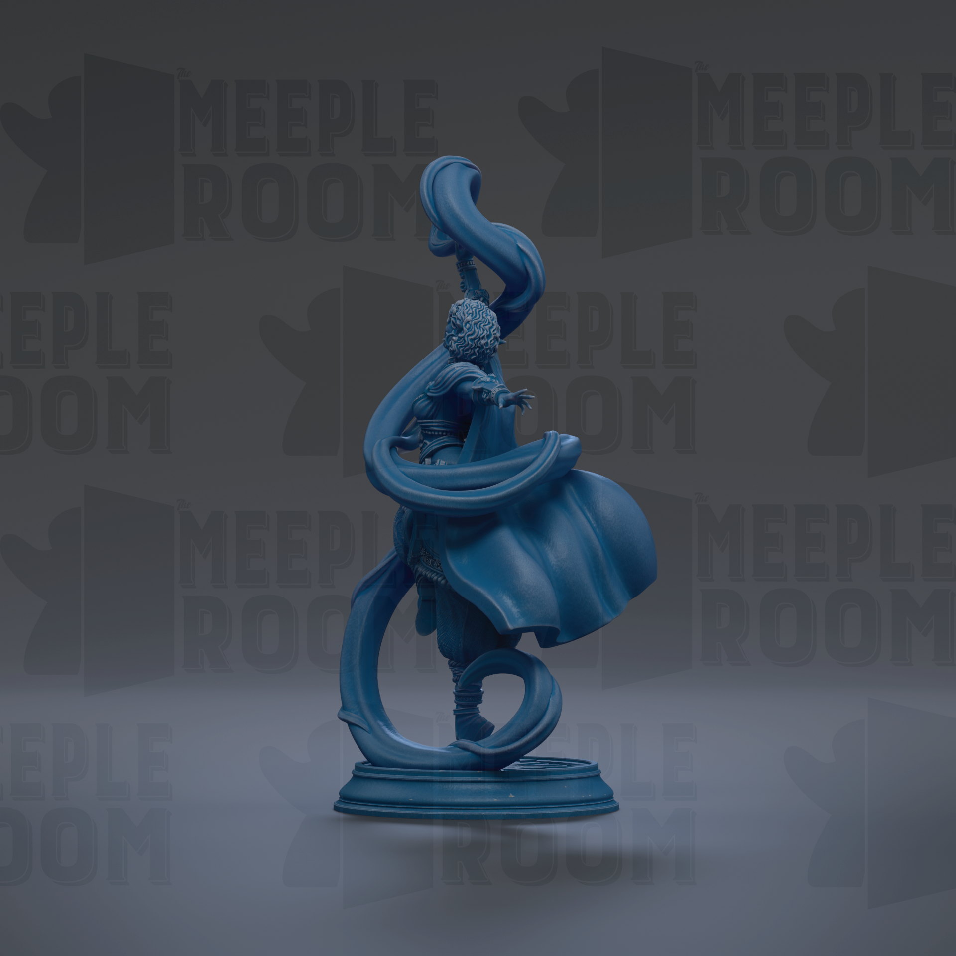 A blue statue of a figure with flowing robes and a large headdress stands on a pedestal against a dark background with repeated text.