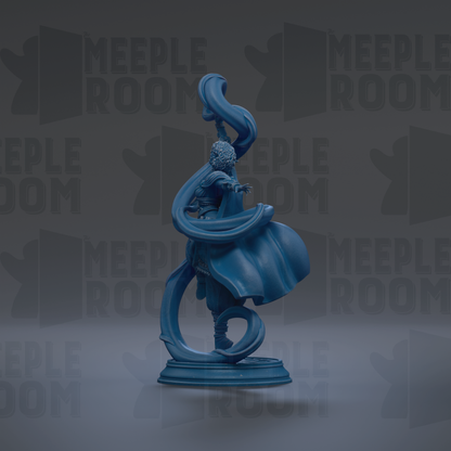 A blue statue of a figure with flowing robes and a large headdress stands on a pedestal against a dark background with repeated text.