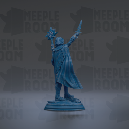 A blue statue of a person holding a sword and shield, standing on a pedestal.