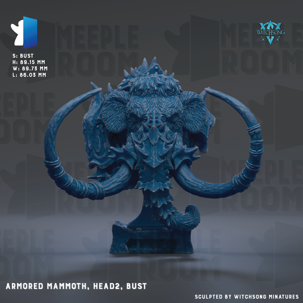 a detailed armored mammoth head with two large tusks, set against a dark background with repeated text and logos.