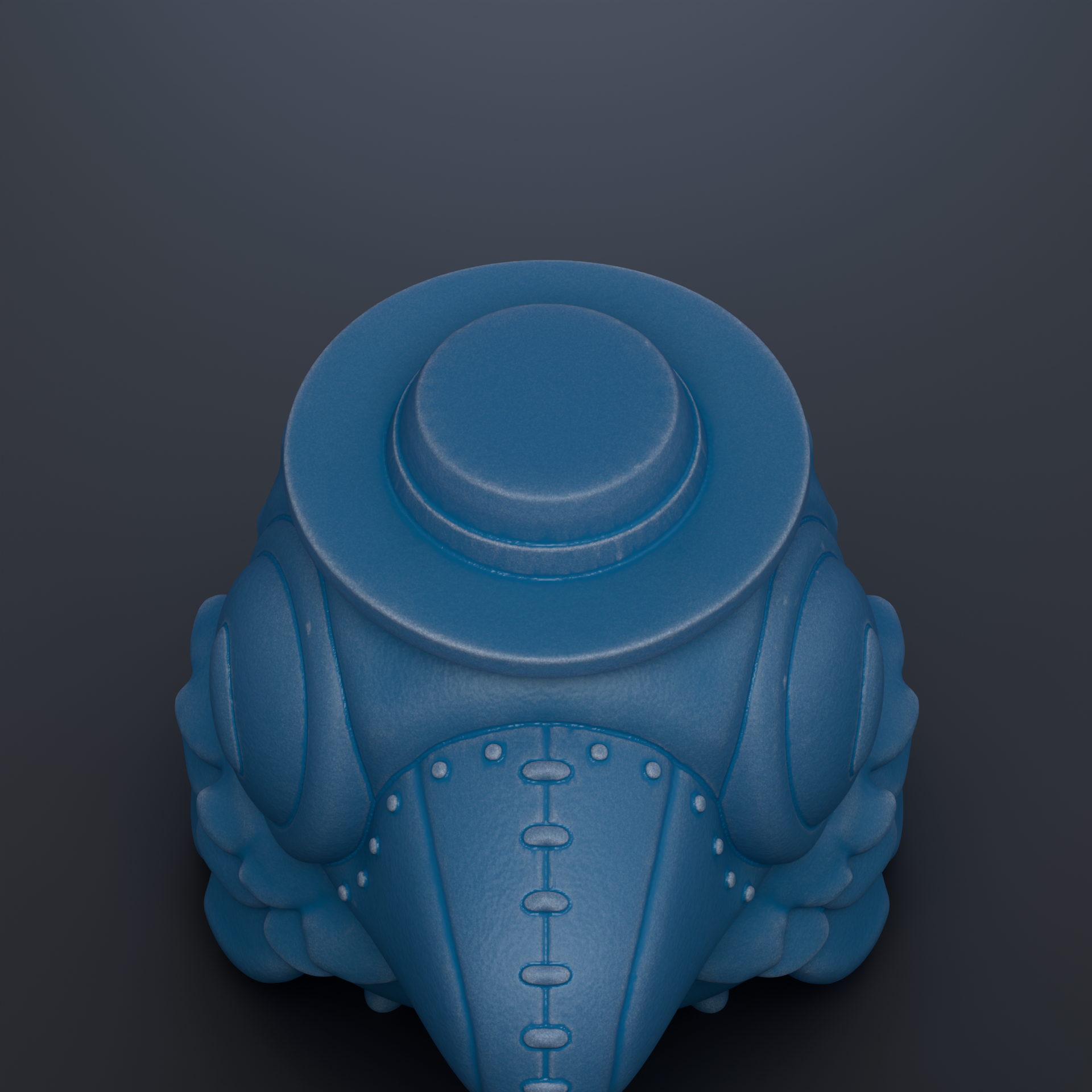 A blue, 3D-rendered object resembling a hat or headpiece, with a circular top and a series of small circular details along the sides.