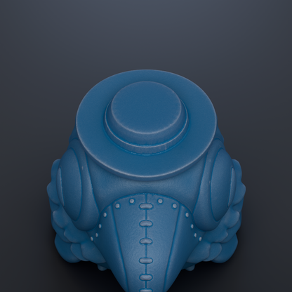 A blue, 3D-rendered object resembling a hat or headpiece, with a circular top and a series of small circular details along the sides.