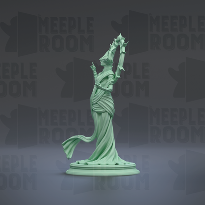 A statue of a woman with a flowing dress and a crown, standing on a pedestal against a dark background with repeated text.