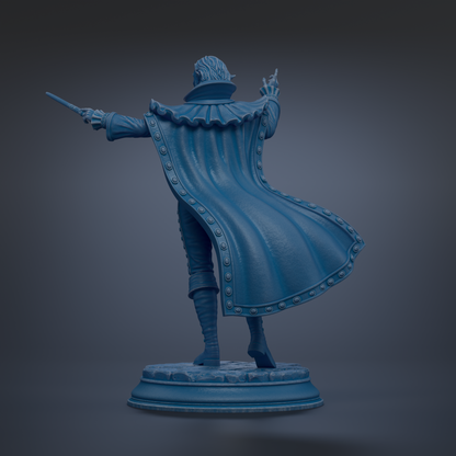 A 3D rendering of a figure in a cape, standing on a pedestal and holding a sword in their right hand.