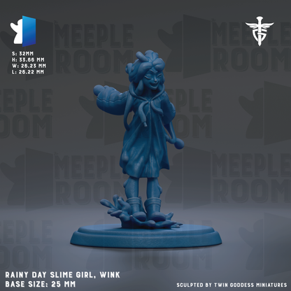 a figurine of a young girl with a blue body and a blue dress, standing on a blue base. The figurine appears to be made of a material that resembles clay or plastic. The image is described as a "rainy day slime girl" and "wink" based on the visual content. The base size of the figurine is 25mm.