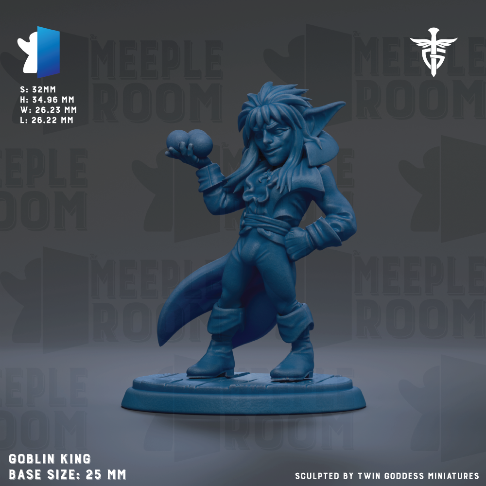 a figurine of a character named "Goblin King" in a blue color. The figurine is standing on a base and appears to be a small, detailed model of the character. The image is described as a "meadow" and "meadow room" and is part of a collection of figurines. The base size of the figurine is 25mm.
