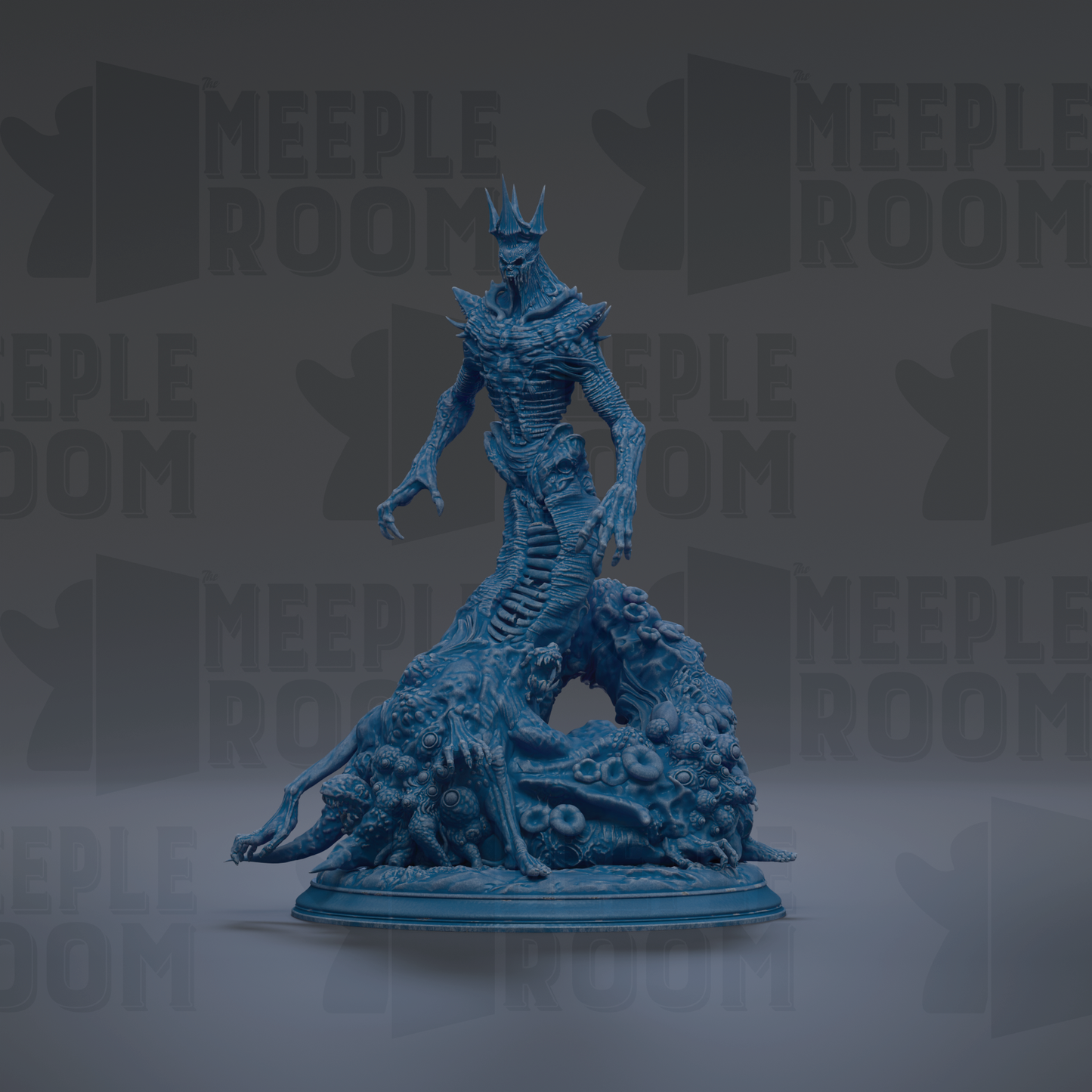A 3D rendering of a blue, fantastical creature with a crown-like head, standing on a base and surrounded by other similar creatures.