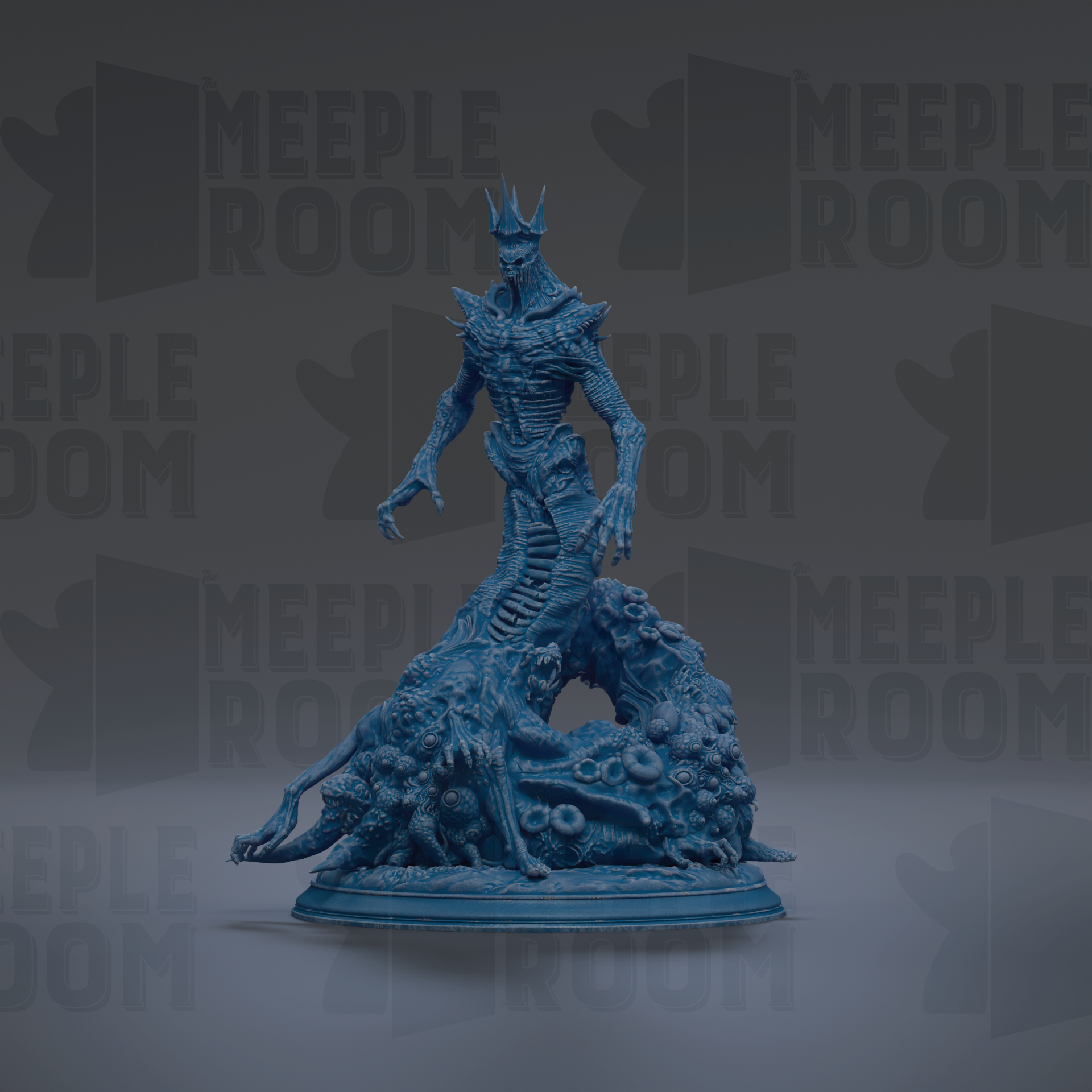 A 3D rendering of a blue, fantastical creature with a crown-like head, standing on a base and surrounded by other similar creatures.