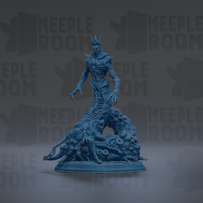 A 3D rendering of a blue, fantastical creature with a crown-like head, standing on a base and surrounded by other similar creatures.