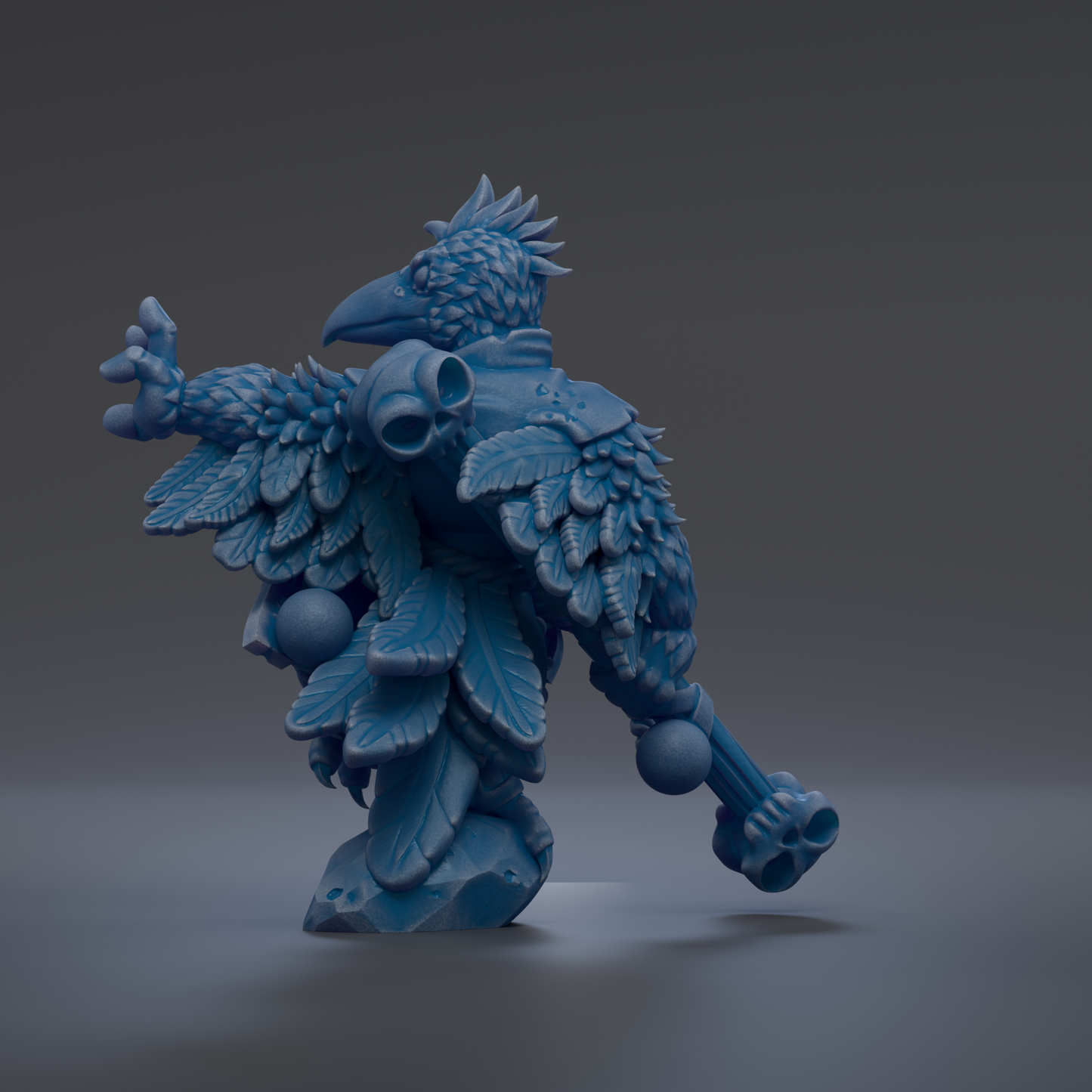 A blue, fantastical creature with a large head, sharp talons, and a long, curved claw is depicted in the image.