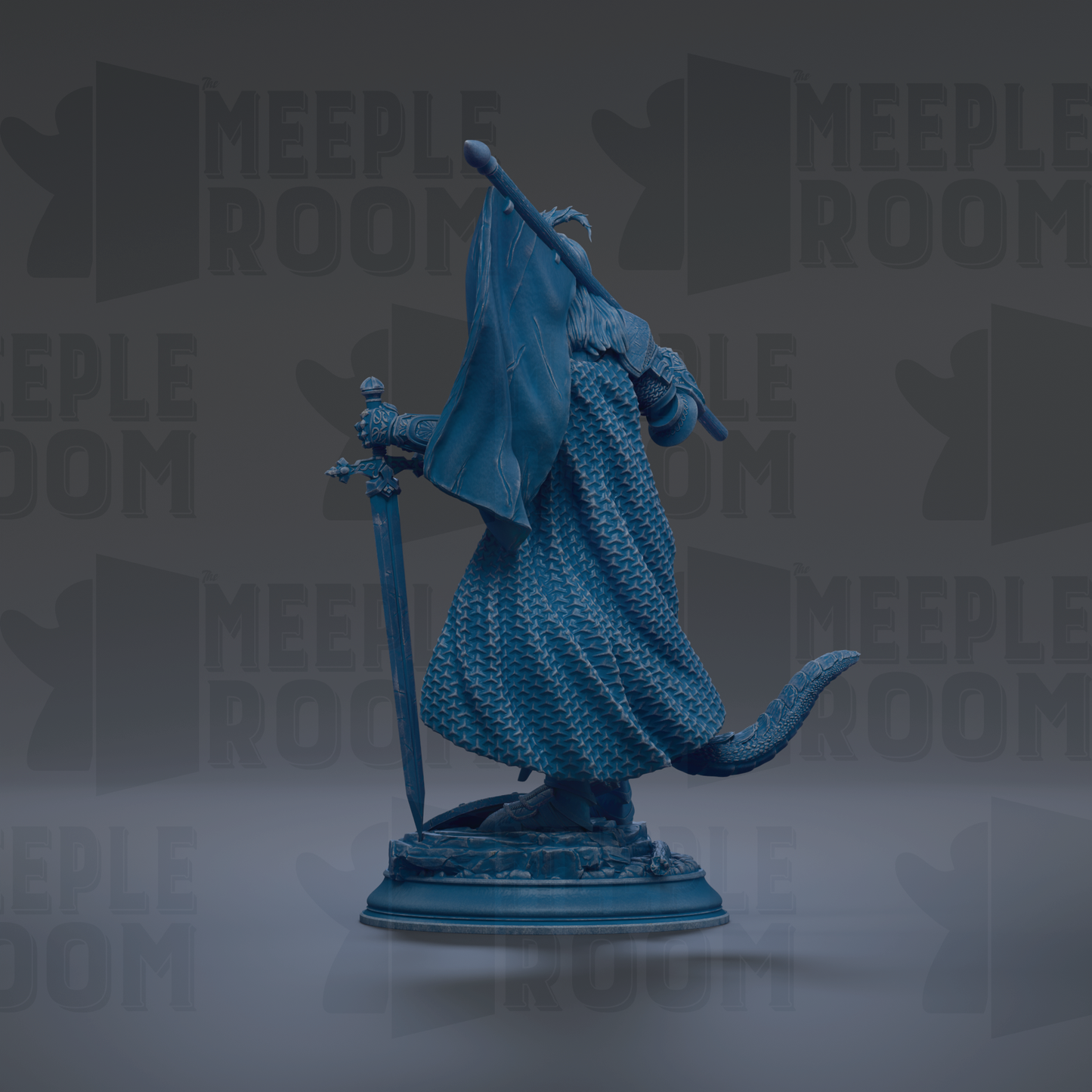 A blue statue of a figure holding a sword and shield, standing on a pedestal.