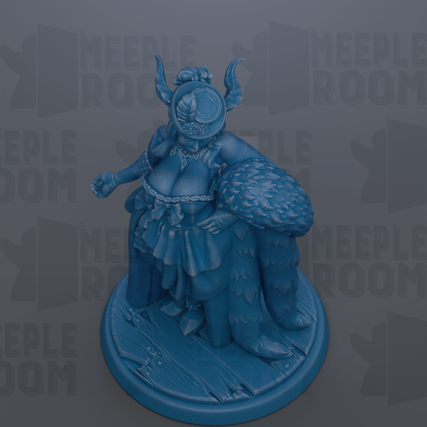 A blue figurine of a fantastical creature with horns and a large headdress, sitting on a circular base.