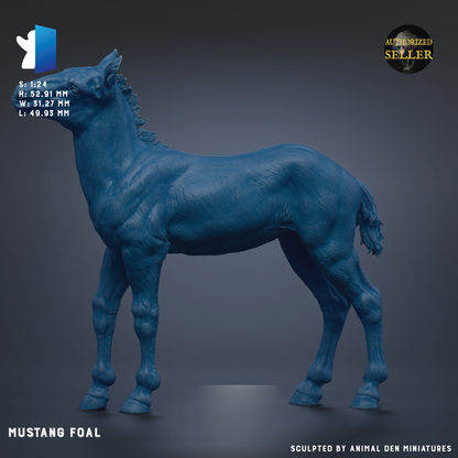 The image is a 3D rendering of a blue horse figurine, specifically a Mustang Foal, which is a type of miniature horse.