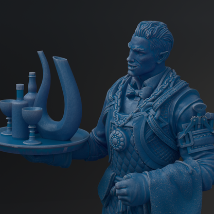 A blue statue of a man holding a tray with various objects, including bottles and a vase.
