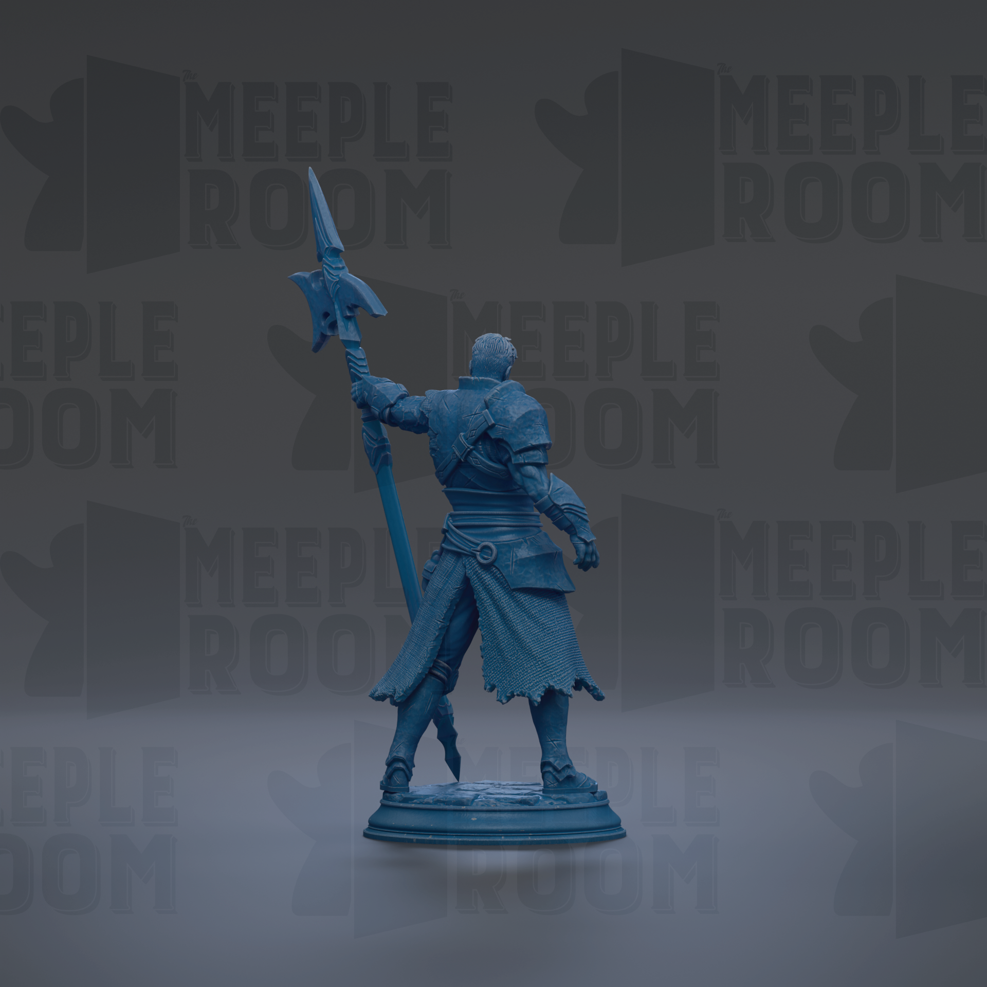 A blue figurine of a knight holding a spear and standing on a pedestal against a dark background with repeated text.