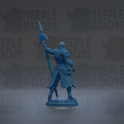 A blue figurine of a knight holding a spear and standing on a pedestal against a dark background with repeated text.