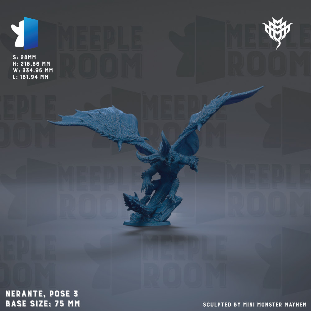 a blue dragon figurine with wings spread, standing on a gray surface.
