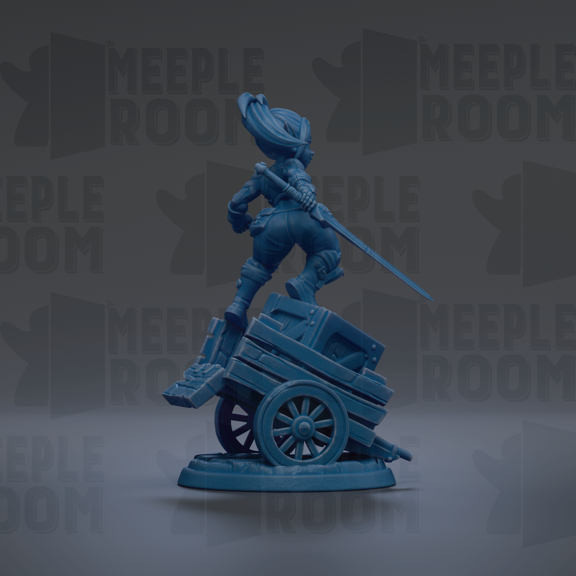 A blue figurine of a person standing on a wagon wheel, holding a sword, against a dark background with repeated text.