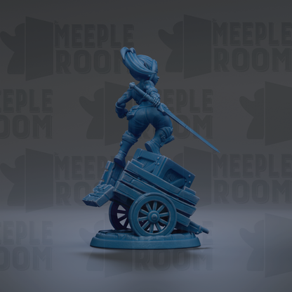 A blue figurine of a person standing on a wagon wheel, holding a sword, against a dark background with repeated text.