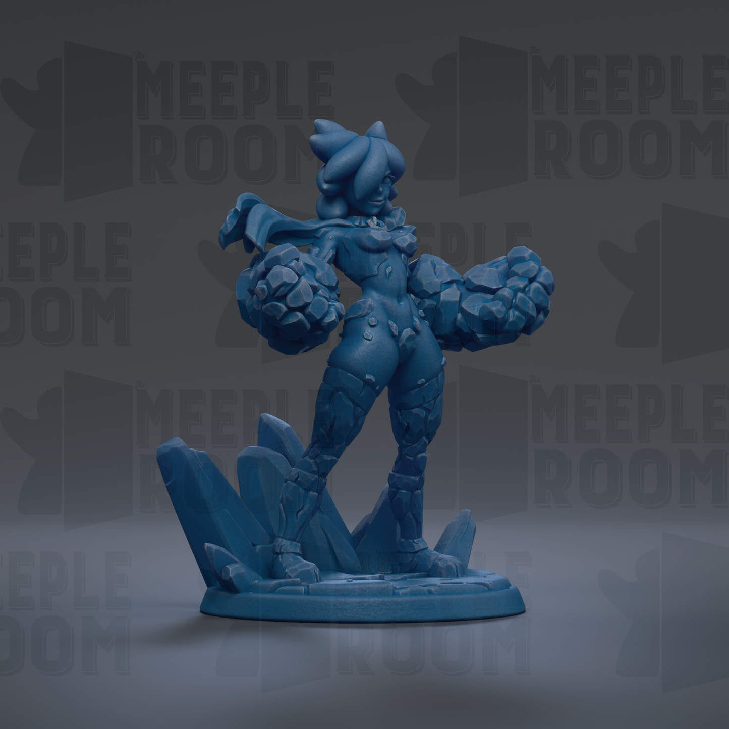 A blue figurine of a female character with a large head and arms, standing on a base with crystals or rocks.