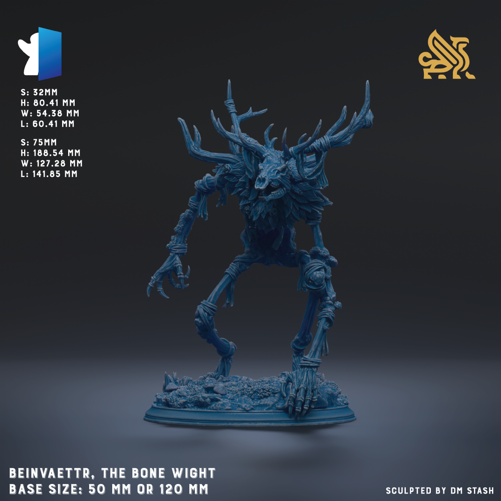 a blue, fantastical creature with horns and antlers, standing on a base. The creature appears to be a mythical or magical being, possibly a dragon or a similar creature. The creature is shown in a dynamic pose, with its arms and legs spread out. The image does not contain any text, and the creature is the main focus.