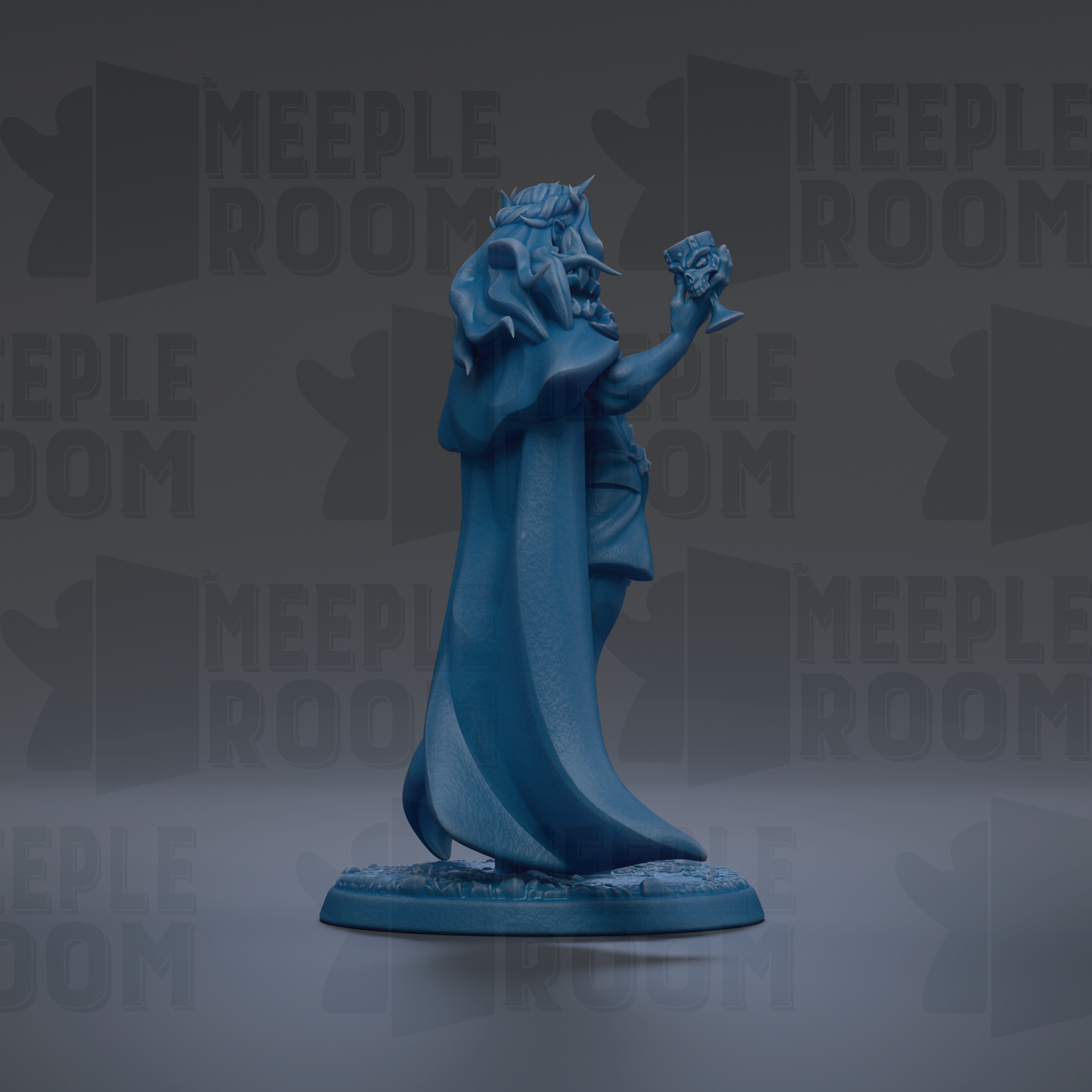 A blue statue of a figure holding a drink stands against a dark background with repeated "MEIPLLE ROOM" text.