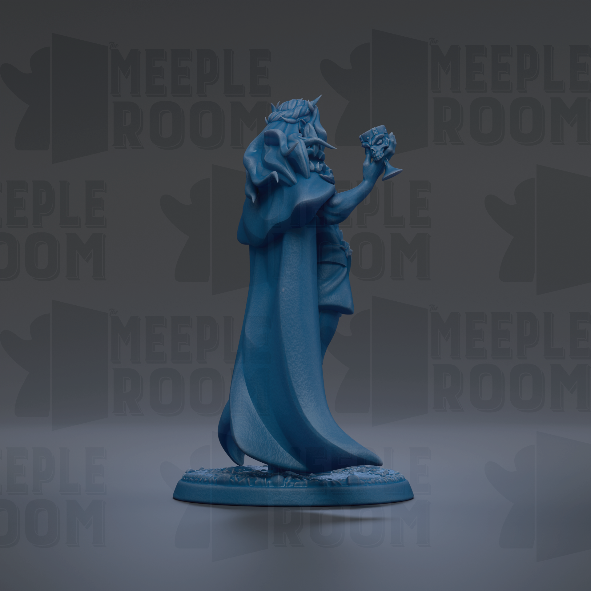 A blue statue of a figure holding a drink stands against a dark background with repeated "MEIPLLE ROOM" text.
