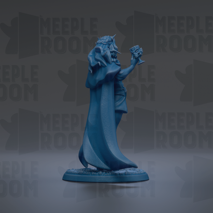 A blue statue of a figure holding a drink stands against a dark background with repeated "MEIPLLE ROOM" text.
