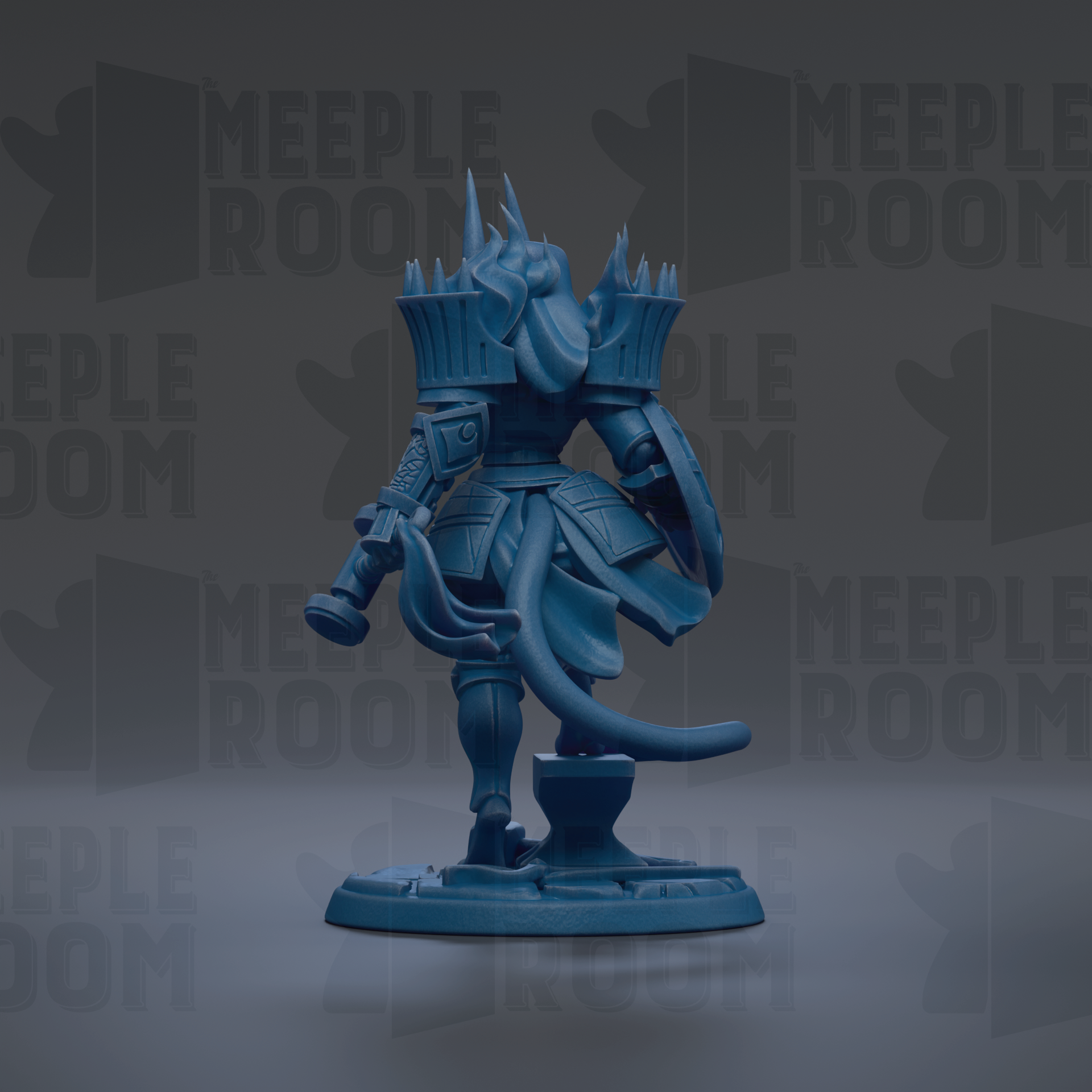 A blue figurine of a warrior standing on a base, with the text "MEUPLE ROOM" repeated in the background.
