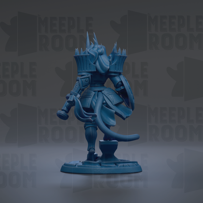 A blue figurine of a warrior standing on a base, with the text "MEUPLE ROOM" repeated in the background.