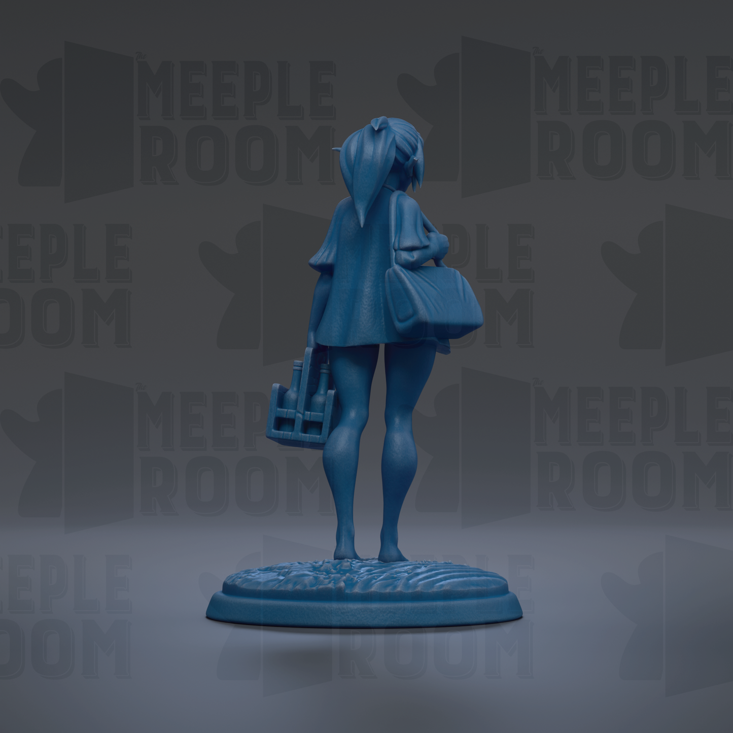 A blue figurine of a person standing on a platform, holding a bag and a small object.