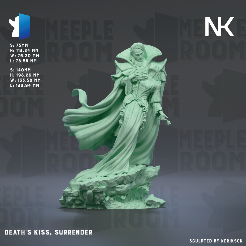a statue of a woman with a flowing dress and a crown, standing on a rock formation. The statue appears to be a sculpture of a female figure, possibly a deity or a historical figure. The background of the image is dark, which contrasts with the statue and makes it stand out. The statue is described as "DEATH'S KISS, SURrender" and is "Sculpted by NERIKSON".