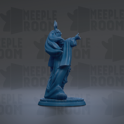 A blue figurine of a figure with a flowing robe and headdress stands on a circular base against a dark background with repeated text.