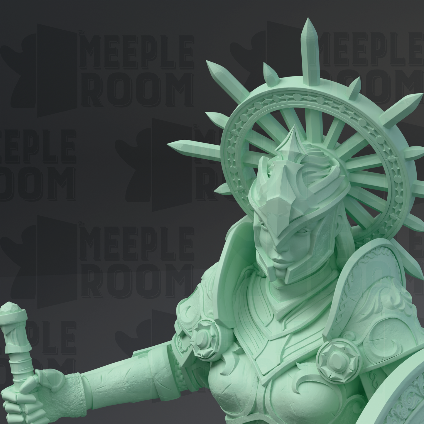 A detailed 3D rendering of a female warrior figure, with intricate armor and a crown-like headdress, holding a weapon and standing in a defensive stance.