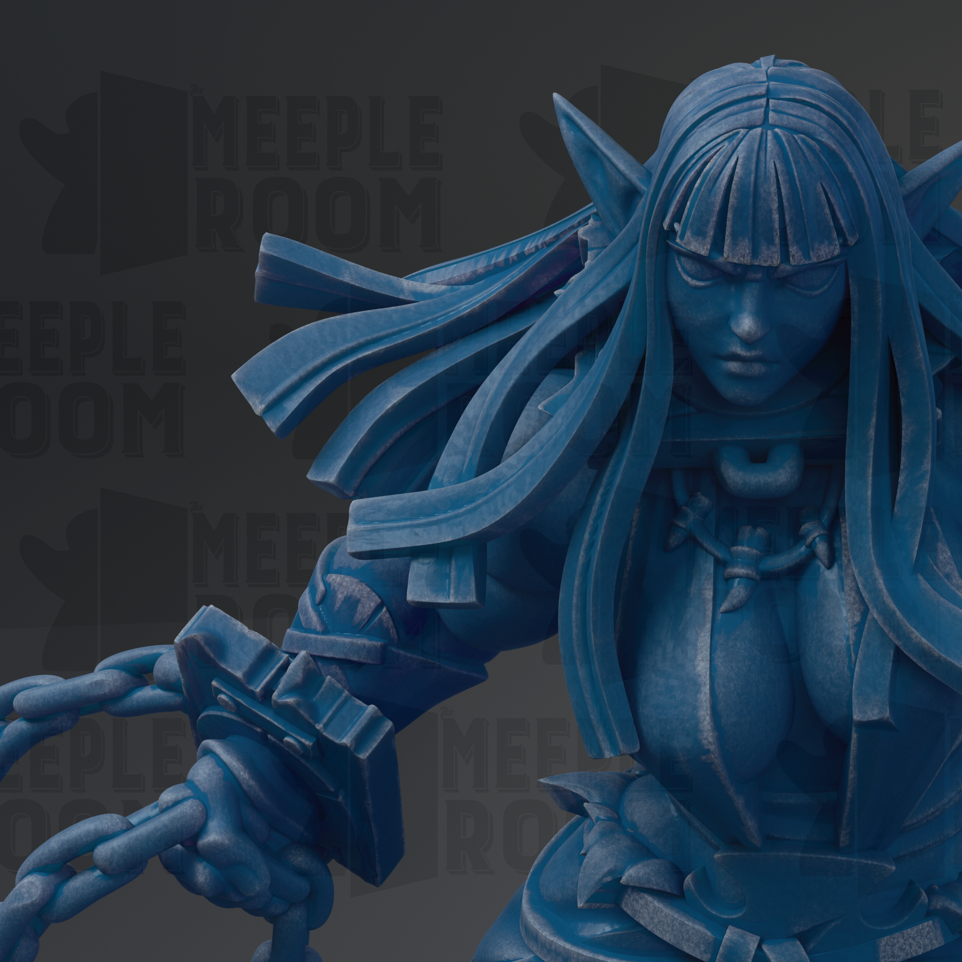 A close-up view of a blue, metallic statue depicting a female character with long hair and a serious expression.