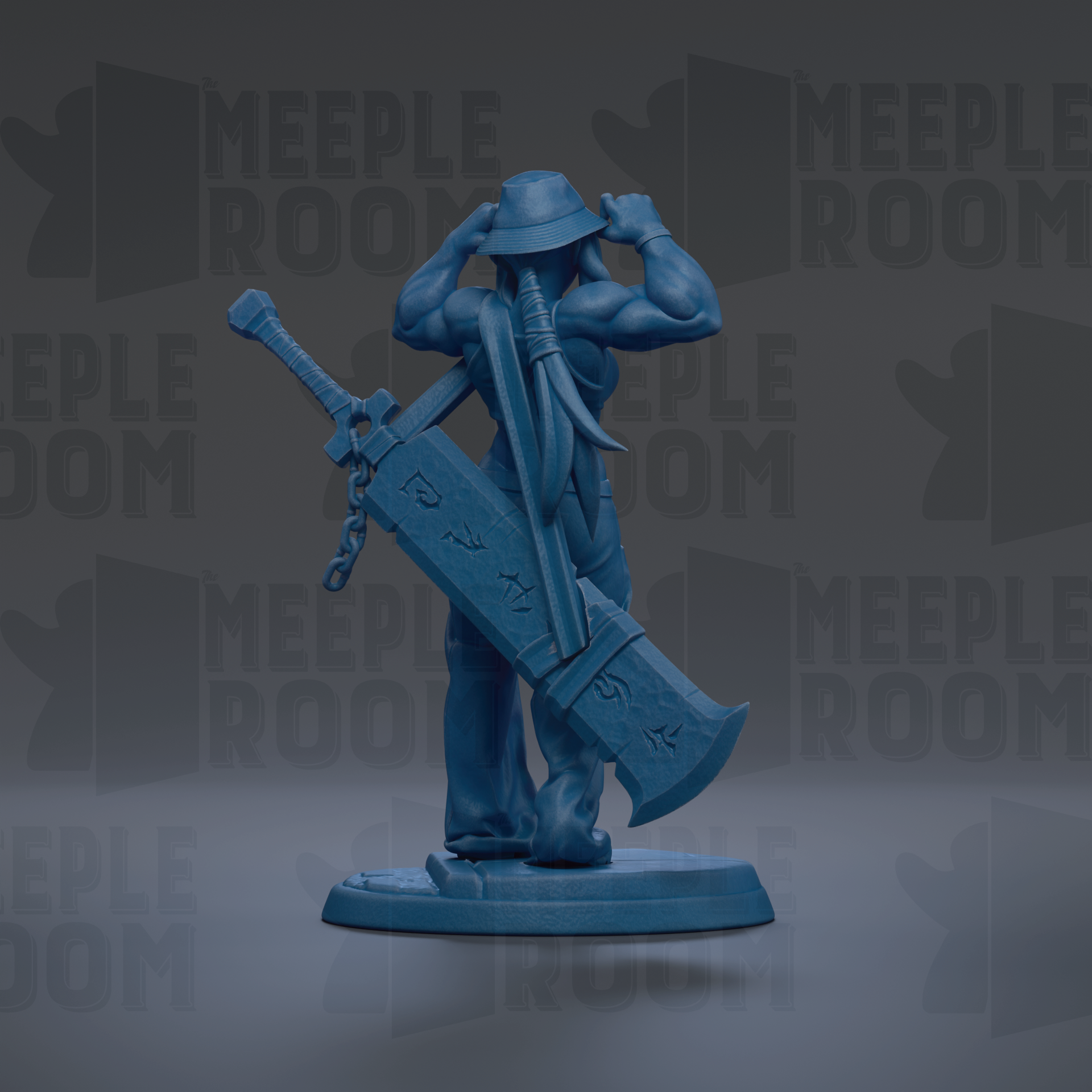 A blue figurine of a muscular man holding a large sword and wearing a hat.