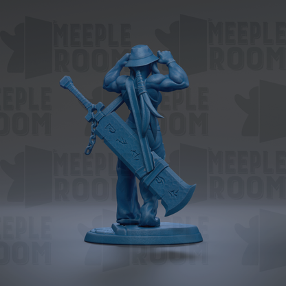 A blue figurine of a muscular man holding a large sword and wearing a hat.