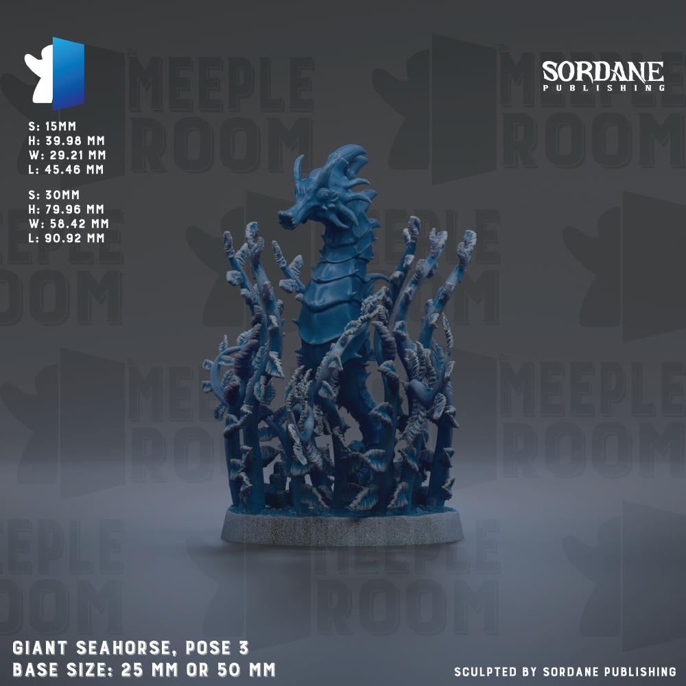 a large blue seahorse sculpture with intricate details, positioned on a base that is either 25mm or 50mm in size. The seahorse is posed in a dynamic manner, surrounded by smaller blue creatures, creating a striking visual effect. The background of the image is a dark gray color, which contrasts with the vibrant blue of the seahorse and adds depth to the composition. The image does not contain any text or additional objects, and the seahorse is the sole focus of the image.