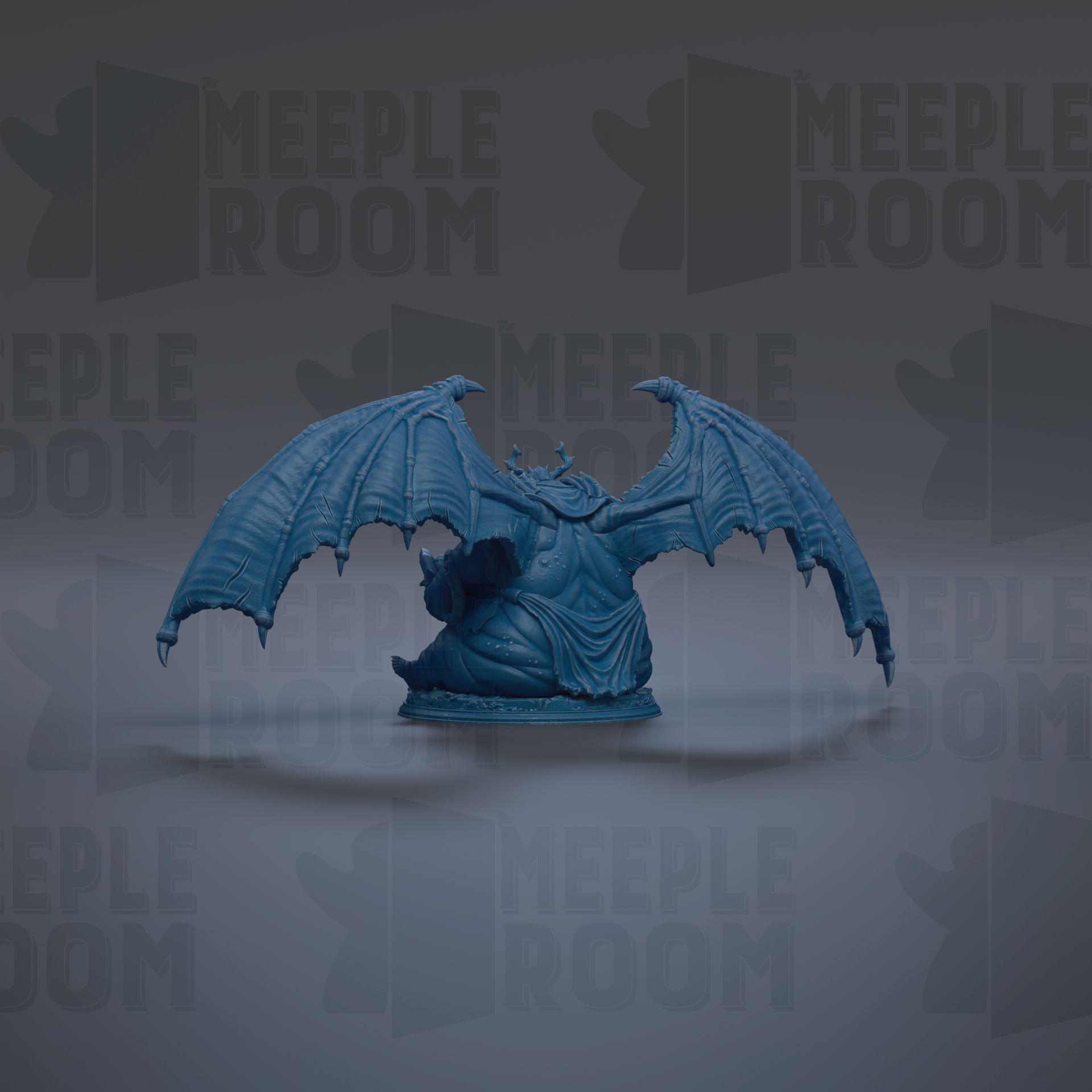 A blue, winged figurine is displayed against a dark background with repeated text.