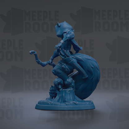 A blue figurine of a character with horns and a flowing cape, standing on a pedestal against a dark background with repeated text.