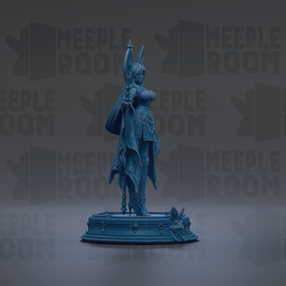 A blue statue of a woman with a long, flowing skirt and a headdress stands on a pedestal against a dark background with repeated "MEIPLE ROOM" text.