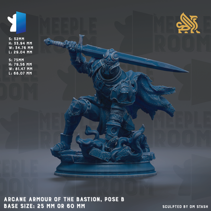 a blue armored figure, specifically the "Arcane Armour of the Bastion", posed in a dynamic fighting stance with a sword in hand. The base size of the armor is either 25mm or 60mm, depending on the interpretation. The image is a sculpture, and the artist is credited as DM Stash.