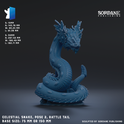 The image is a 3D rendering of a blue, snake-like creature with a large, rattle tail. The creature is posed in a way that suggests it is ready to strike or move. The base size of the snake is 75 mm or 150 mm, depending on the perspective. The image is a sculpture of a celestial snake, and it is published by Sordane Publishing.
