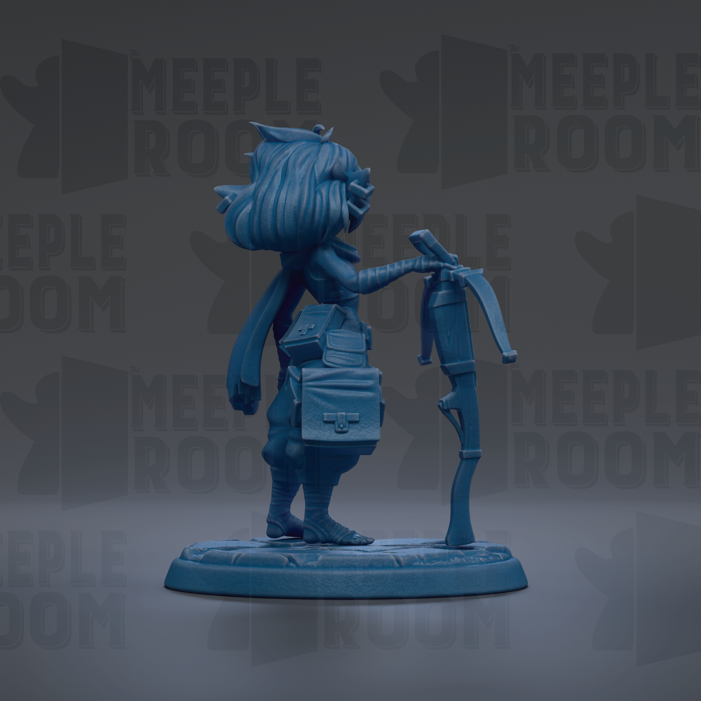 A blue figurine of a character with a backpack and a sword, standing on a base.