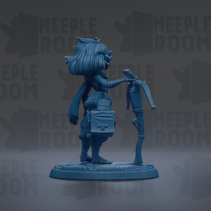 A blue figurine of a character with a backpack and a sword, standing on a base.