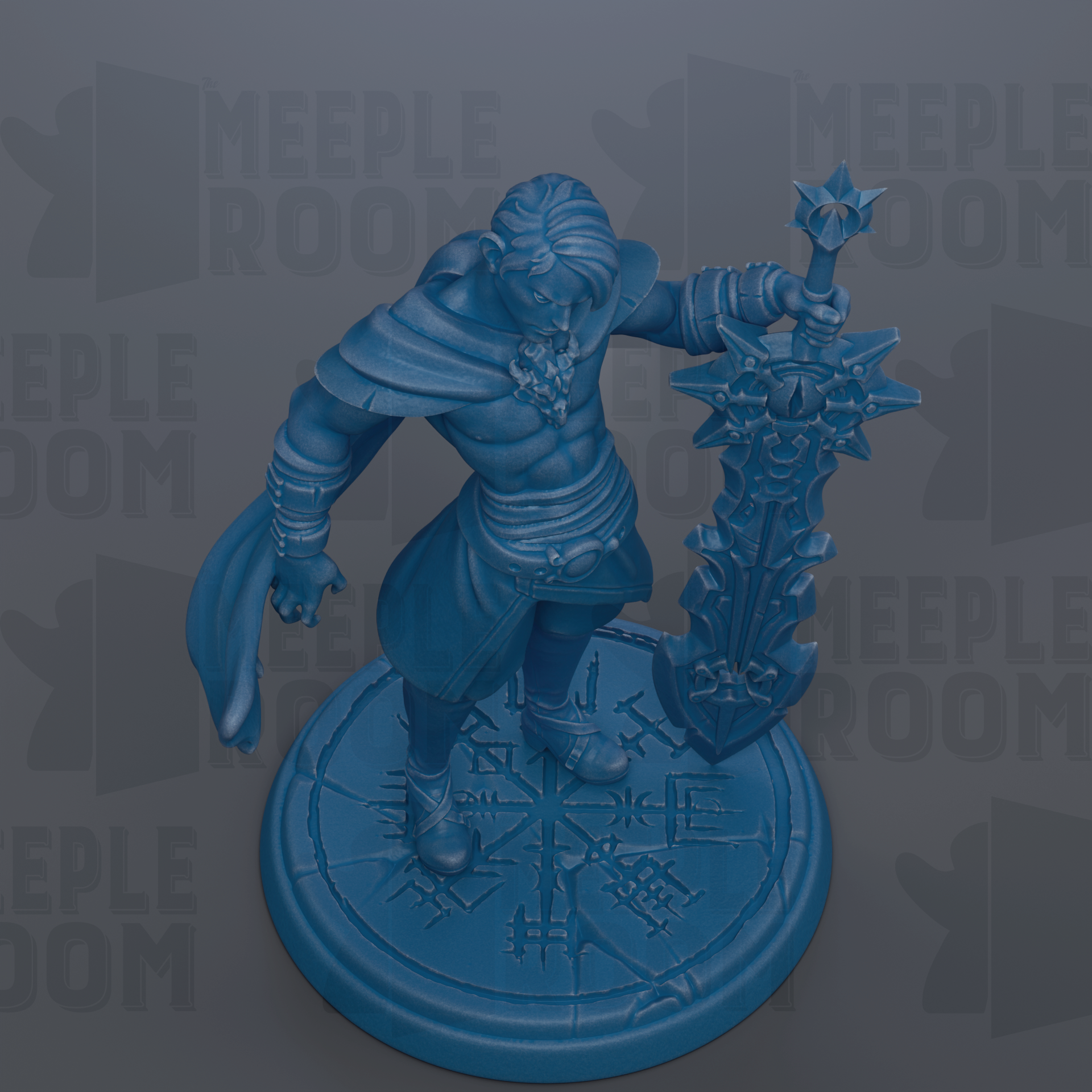 A blue figurine of a warrior standing on a circular base, holding a sword and shield.