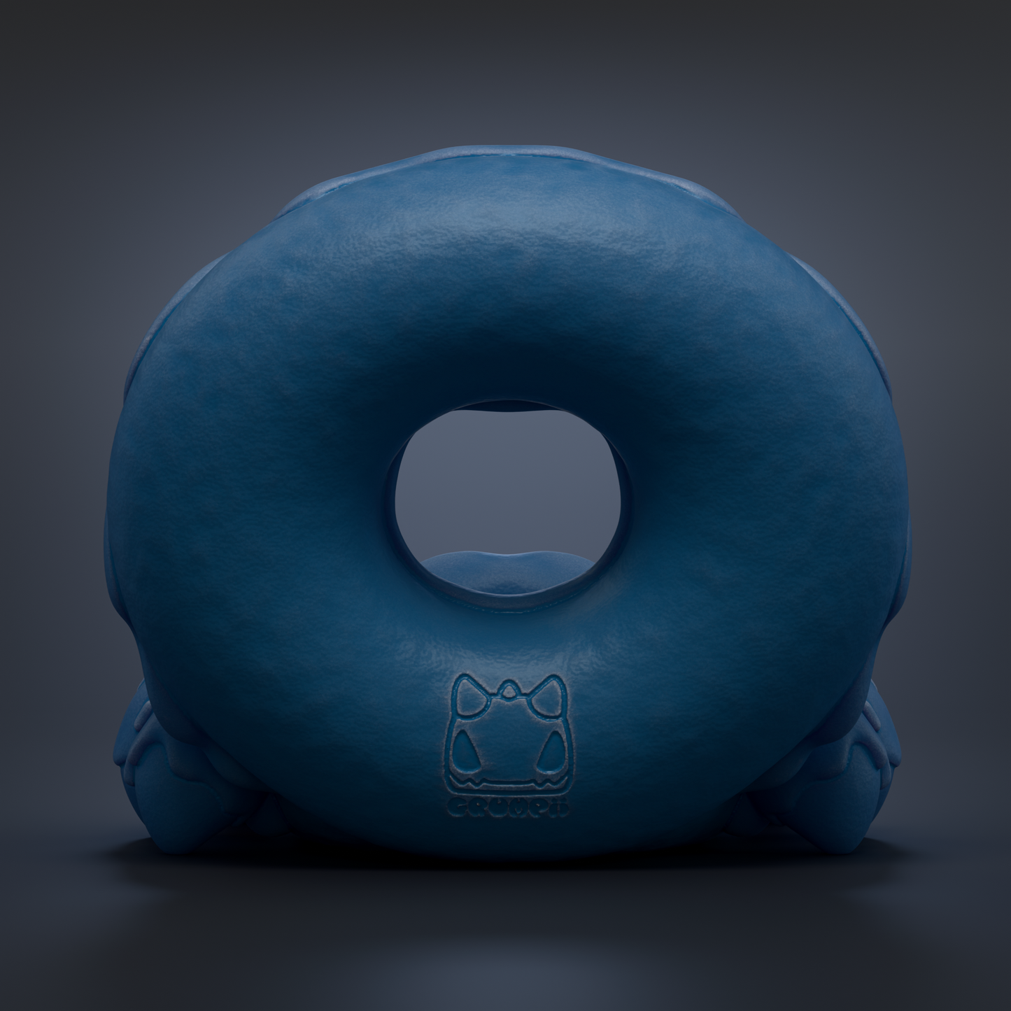 A blue donut-shaped object with a cat logo on it, set against a dark background.