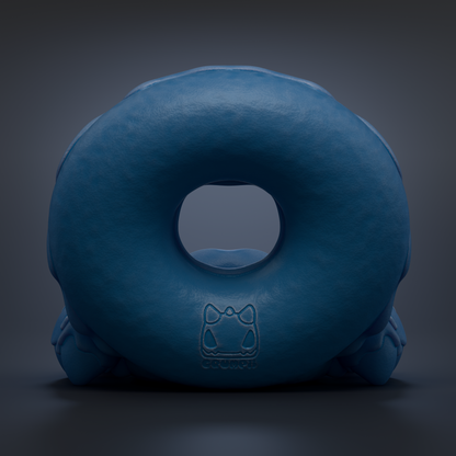 A blue donut-shaped object with a cat logo on it, set against a dark background.