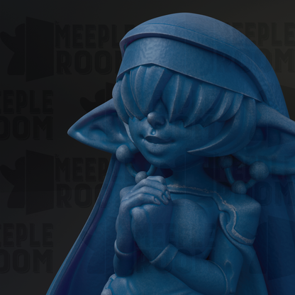 A close-up of a blue, 3D-rendered statue of a person with a pensive expression, wearing a hat and holding a book.