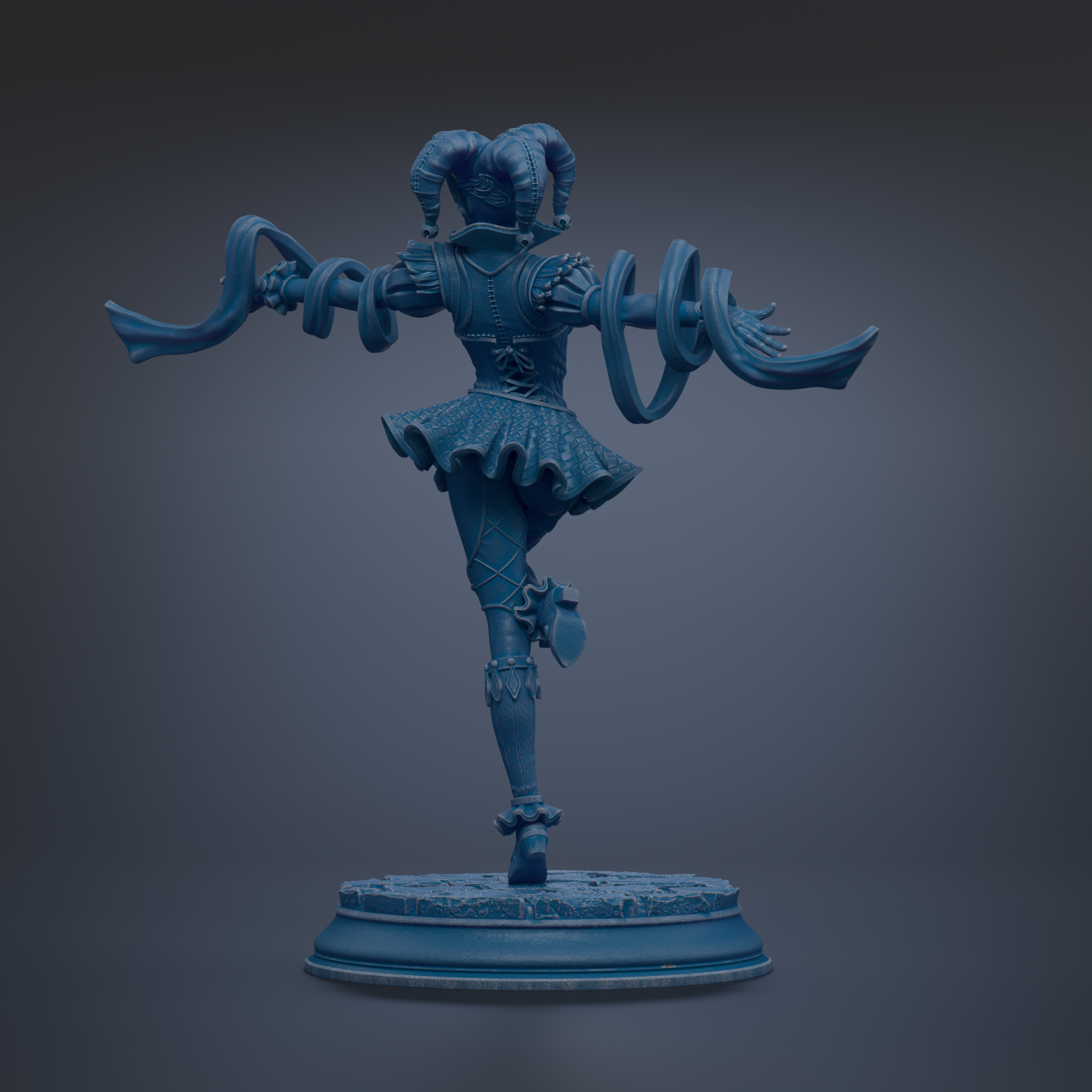 A blue statue of a figure with a flowing skirt and a large headdress, standing on a pedestal.